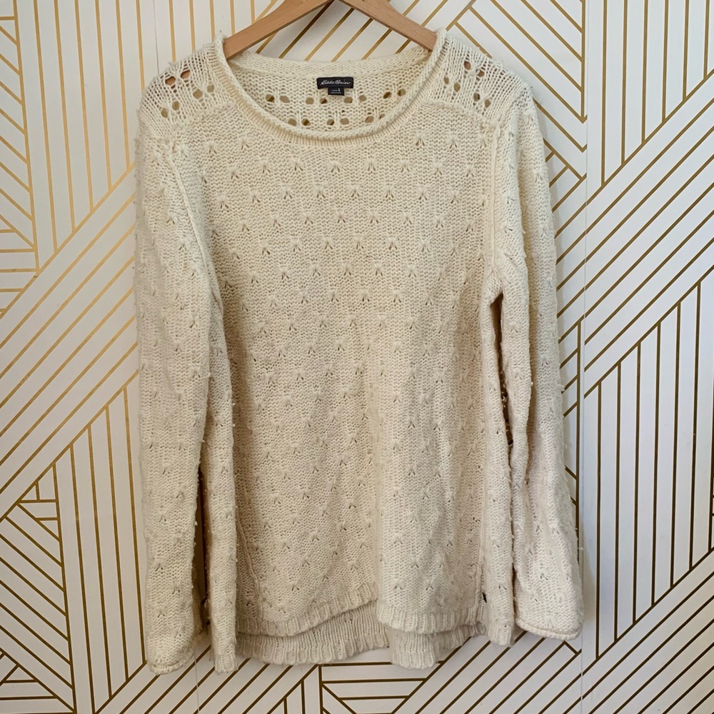 Eddie Bauer Camel Hair Lambs Wool Birds Eye  rolled collar Sweater‎ Pullover L